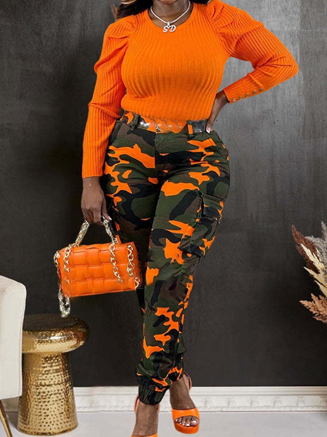 Famnbro Women Camo Pants Camouflage Cargo Pants Ankle Cuffed Army Fatigue Joggers Streetwear