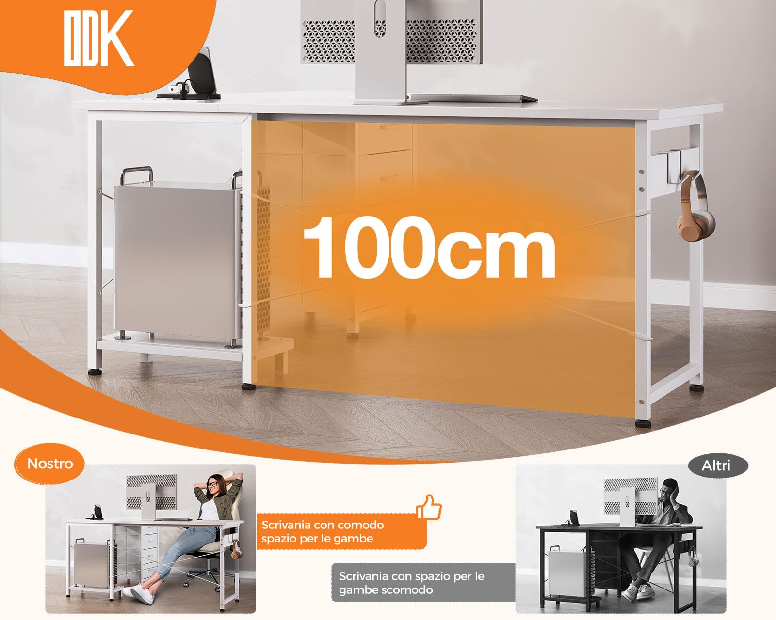 ODK Scrivania Angolare con Cassetti, 135×100 cmScrivania ad Angolo Reversibile con Prese di Corrente e Porta USB, Scrivania Salvaspazio a L con Spazio di Archiviazione per Ufficio, Bianco