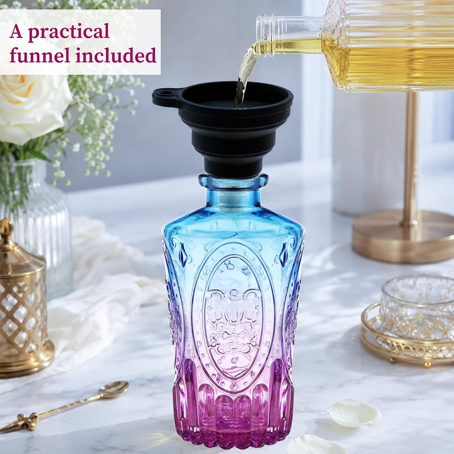 Glass Reed Diffuser Bottles 6.5oz/200ml Set of 4 Empty Gradient Colors Blue Purple Refillable Fragrance Jars Vintage Embossed Decorative Bottle Vase with Reed Sticks for Living Room Bedroom Bathroom