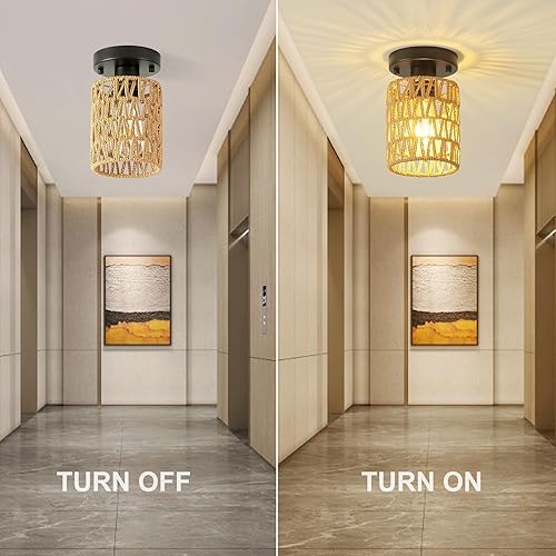 Miniatura 5 de Lámparas de techo de ratán de 14.6 pulgadas, montaje semiempotrado, 3 lámparas de techo boho con pantalla de ratán, lámparas de granja de ratán