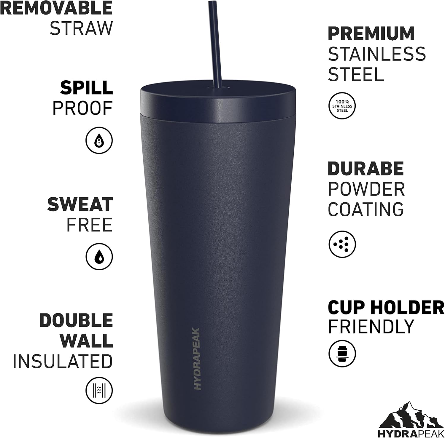 Hydrapeak Traveler 25oz Insulated Tumbler, Stainless Steel Travel Coffee Mug, Double Wall Vacuum Insulation, Tumbler with Lid and Straw, Water Bottle with Straw, Insulated Tumblers, Water Cup, Navy