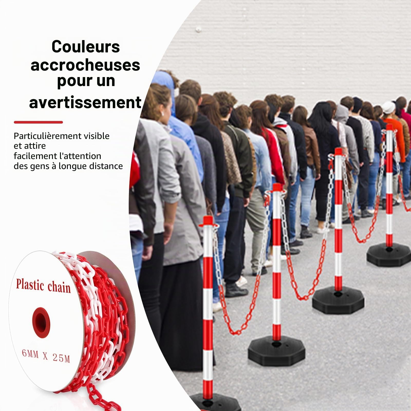 25m Barrière à Chaînes en Plastique Chaîne de Signalisation en Plastique Rouge et Blanc Avec 10 Mousquetons pour Avertissement Espace de Stationnement de Sécurité