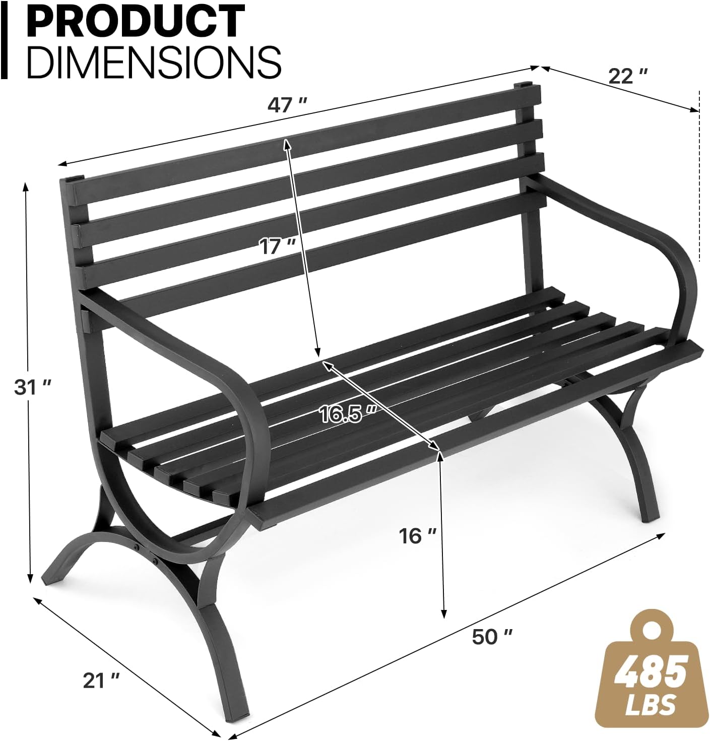 MoNiBloom 50" Patio Bench for 2 Person, Metal Frame Patio Park Bench with Slatted Seat and Backrest, Arch Legs Outside Bench for Porch, Lawn and Garden, Black