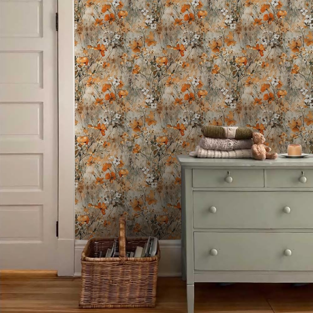 MuralPeel Yellow Orange White Wildflower Watercolor Peel and Stick Wallpaper Self Adhesive Removable Easy Peel Off Stick on Wall Paper for Bedroom Cabinet Renter