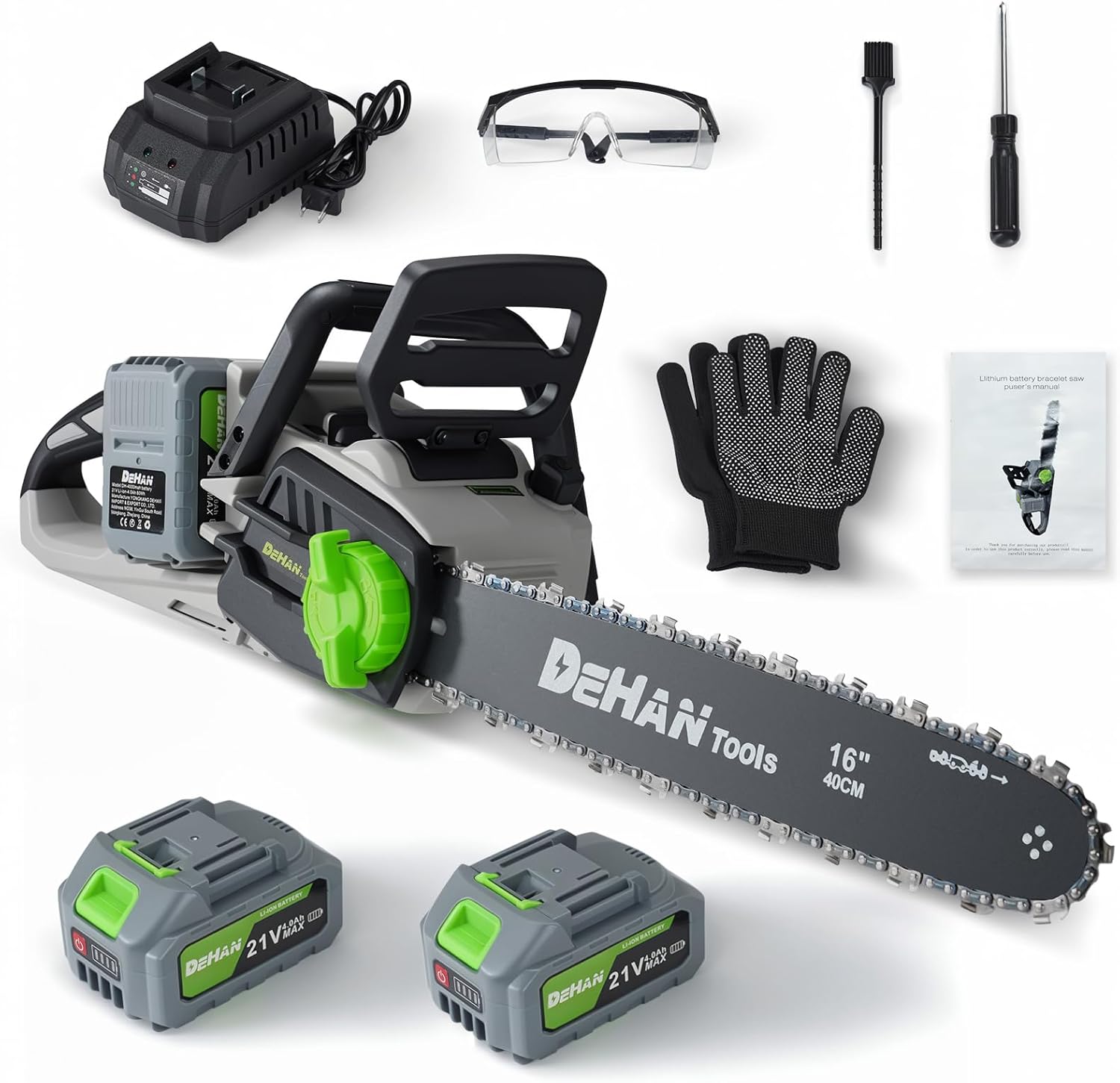 DEHANTOOLS 16 Inch Brushless Electric Chainsaw with 2 x 4.0Ah 21V Battery, Tool-Free Chain Tensioning, Instant Chain Brake & Transparent Oil Tank – Tools for Tree Trimming & Wood Cutting