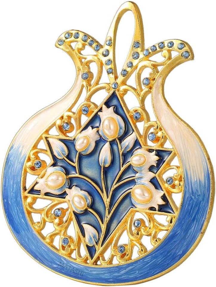 Matashi Religious Symbols Hanging Wall Ornament (Pewter) Gold-Plated Hand-Painted Ornament Good Luck Home Decor Wall Mounted Art Hanging Pendant Spiritual Gift for Holiday Festival (Blue Pomegranate)