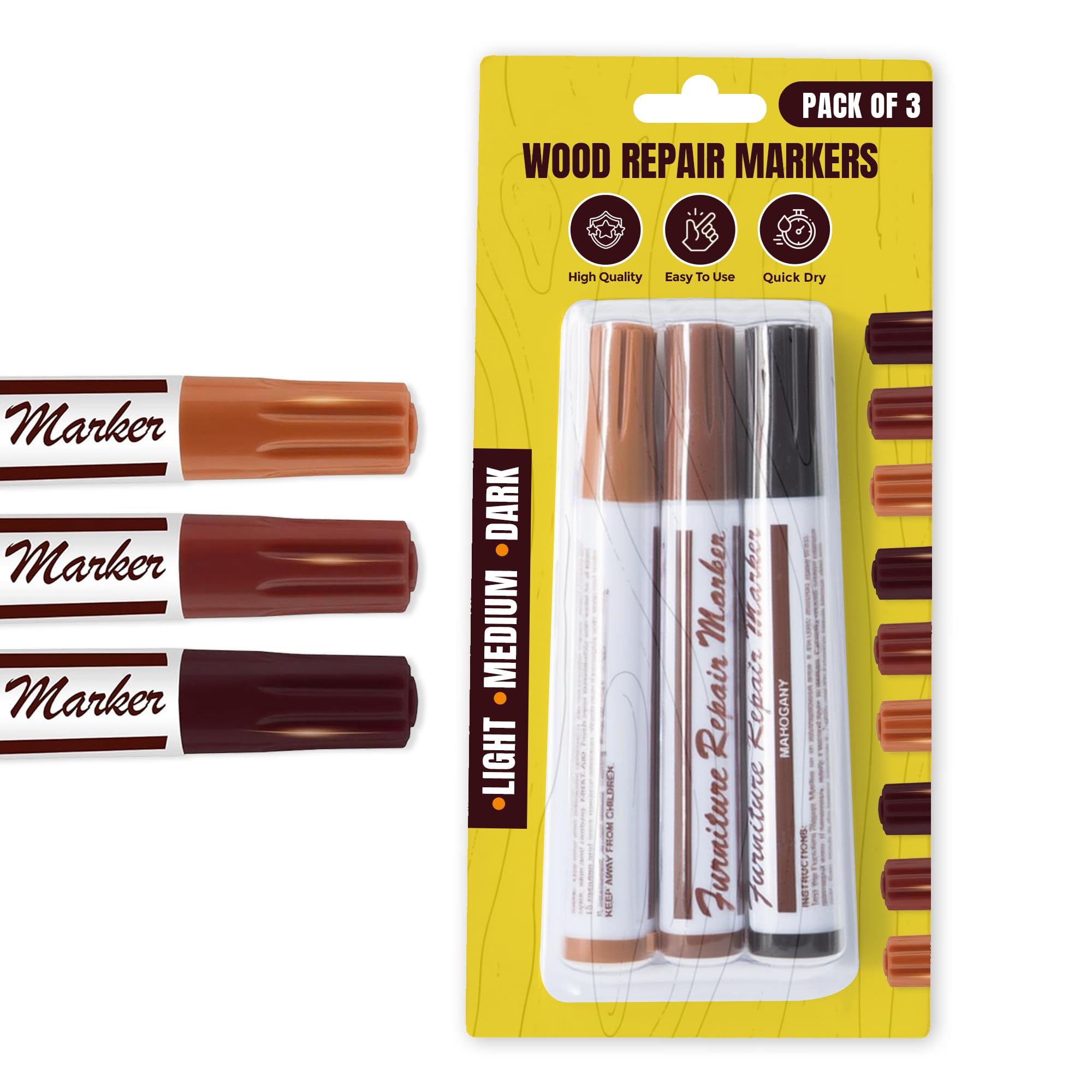 TB1 Products Wood Repair Markers 3 Pack – Furniture Touch-Up Pens for Scratches & Scuffs – Light, Medium & Dark Shades – Permanent Wood Filler Pens for Floors, Tables, Cabinets & Doors
