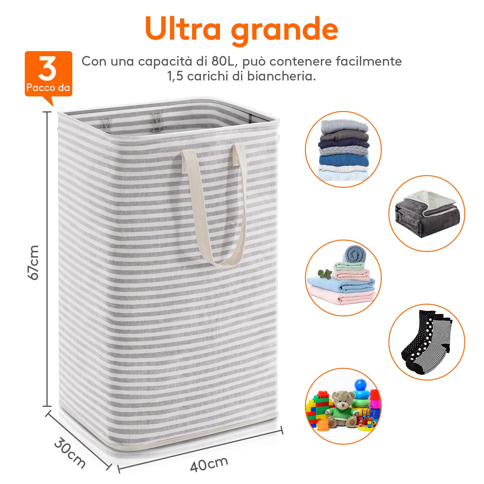 Lifewit Cesto Portabiancheria, Grande Cesta Portabiancheria Pieghevole con Manici Allungati, Portabiancheria Sporca, Laundry Basket per Vestiti, Asciugamani, Coperte, Grigio, 80 L, Set di 3