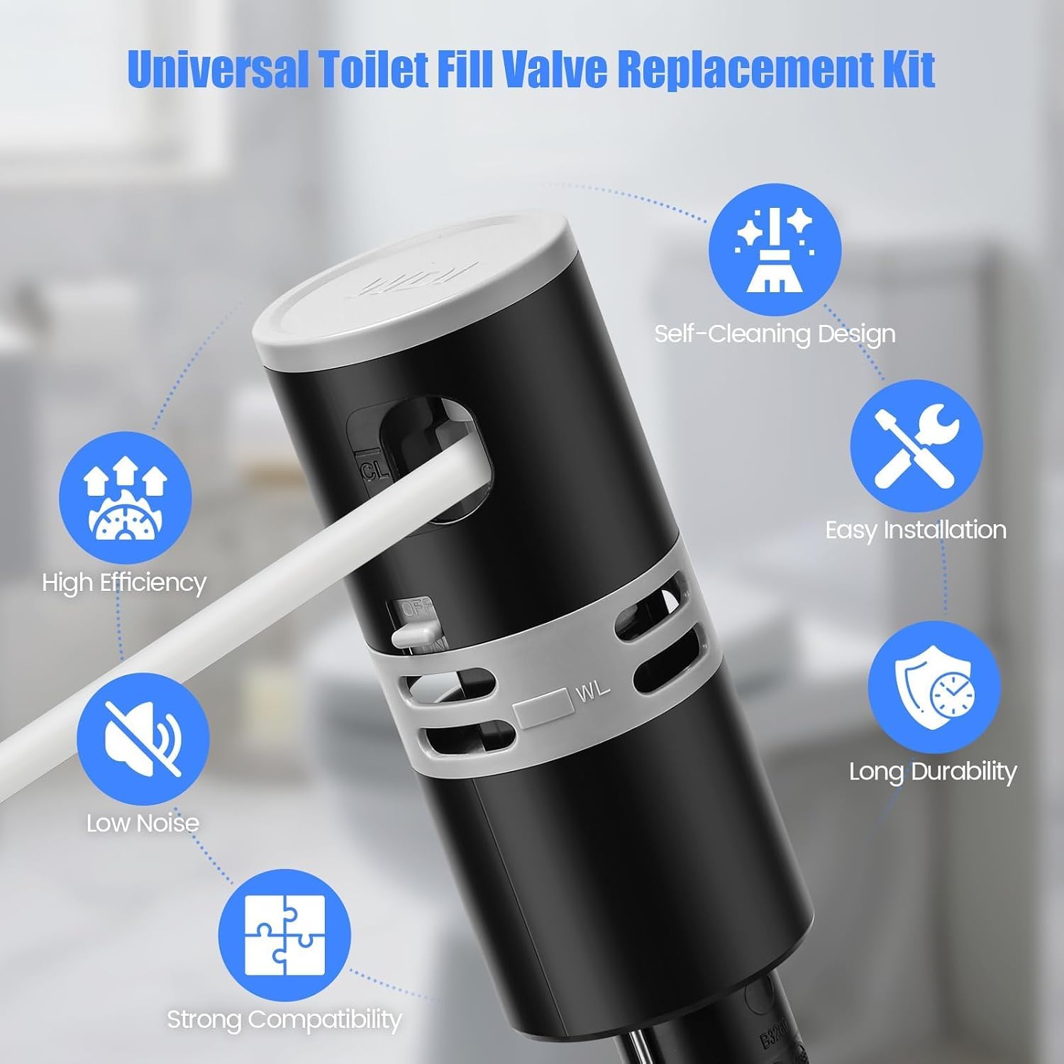 Jamini Self-Cleaning Universal Toilet Fill Valve Compact Adjustable Valve for Small Tanks, Hard Water Resistant, Quiet & Fast Refill, Quick Install, Fixes Leaks & Saves Water