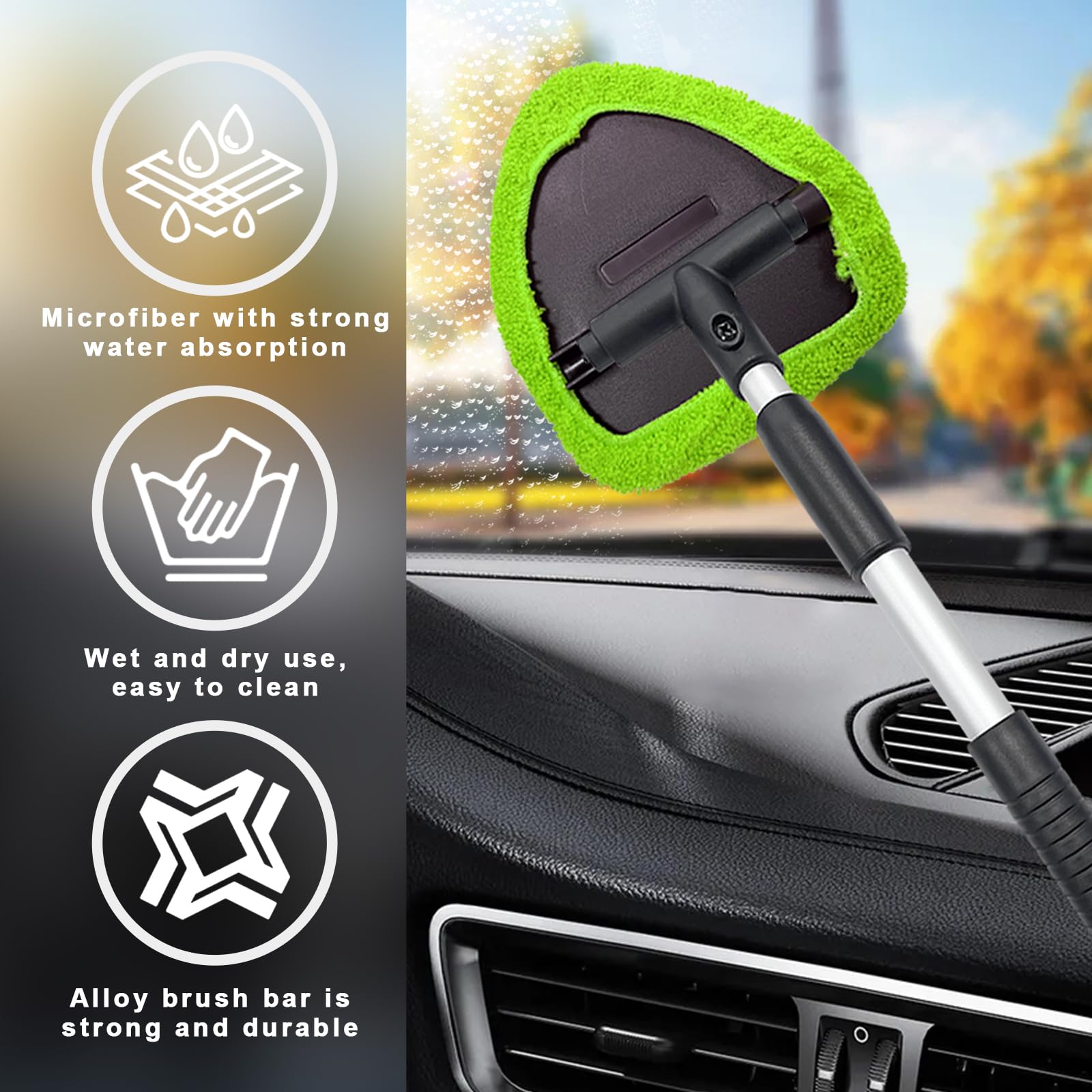Ziciner Limpiador de parabrisas de automóvil, limpiaparabrisas de microfibra con mango extensible de aluminio y 2 cabezales de almohadilla de tela reutilizables lavables, kit de limpiador universal