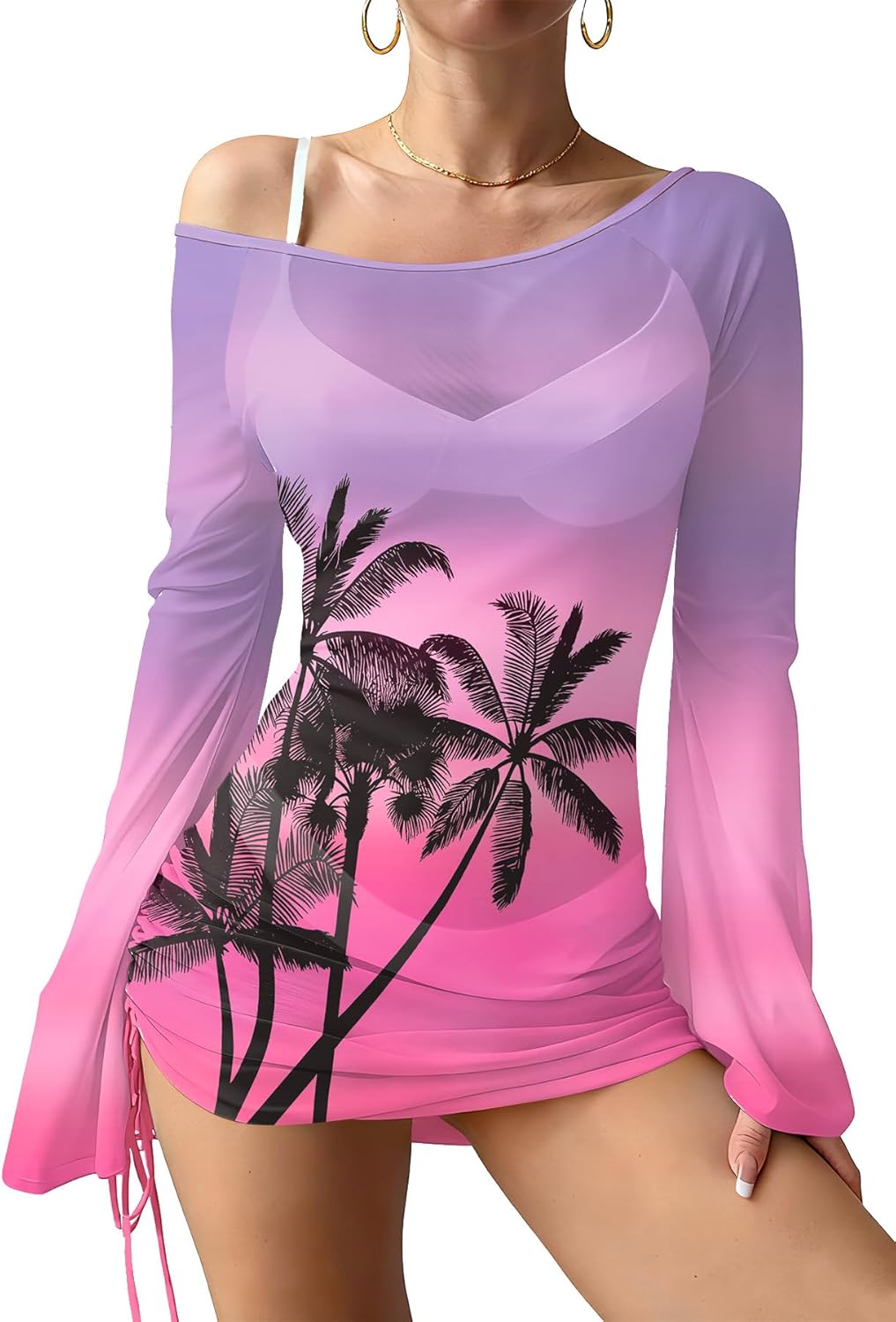 ALIREVERIE Women's Summer Y2K 4th of July Off Shoulder Ruched Side Drawstring Sexy Swimsuit Cover Up Bell Sleeve Beach Dress
