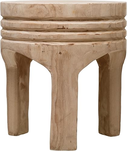 Miniatura 9 de Creative Co-Op Boho Hand-Carved Paulownia Wood Stool, Natural Negro -,Marrón oscuro teñido,Natural