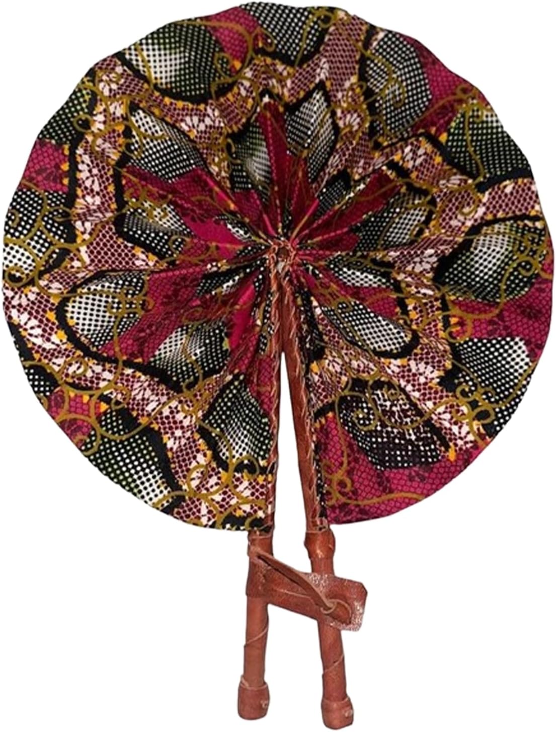 Ruth's Orchid Ghanaian Foldable Handheld Fan - African Fabric Folding Fan - Summer Hand Fan - Portable Folding Fan - African Hand Fan with Leather Handle - Perfect for Home Décor (Pomegranate)