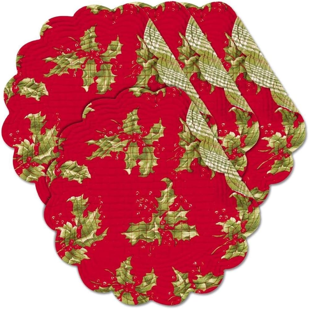 April Cornell Christmas Holly Red Quilted Round Reversible