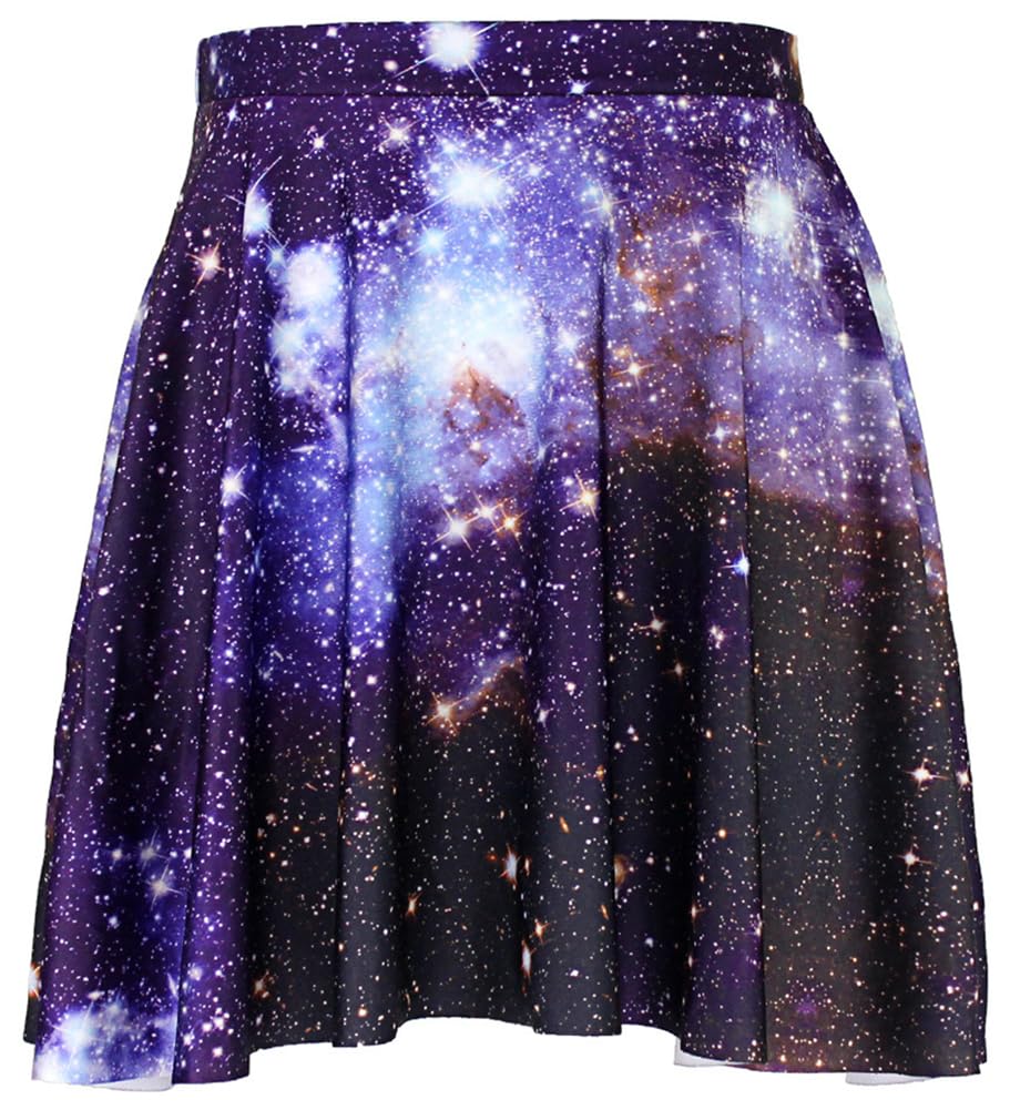 Women's Pleated Elastic Waist Band Flared Galaxy Print Midi Skater