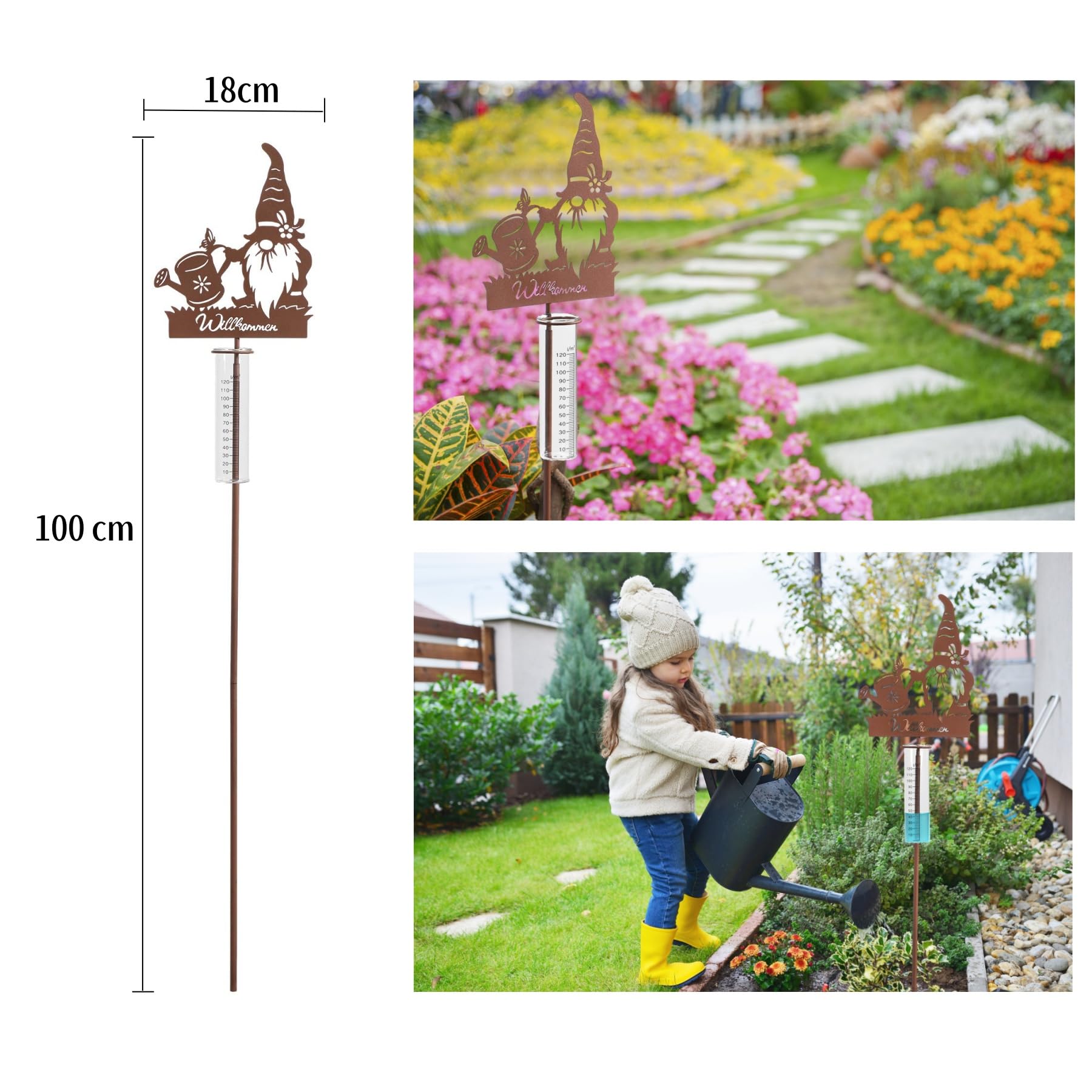 Pluviometro da giardino decorativo 100 cm vetro con picchetto e nano benvenuto