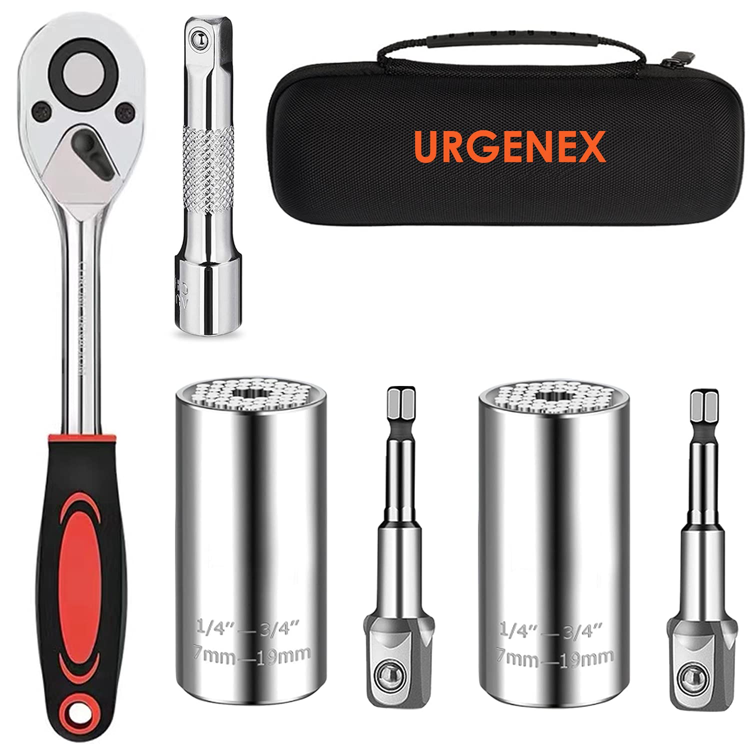 URGENEX Universal Socket Wrench Tool Kit 7-19mm Socket Grip Tool Sets with 3/8 Ratchet Wrench Power Drill Adapter Gift for DIY Handyman, Husband, Boyfriend, Dad, Women (Silver)