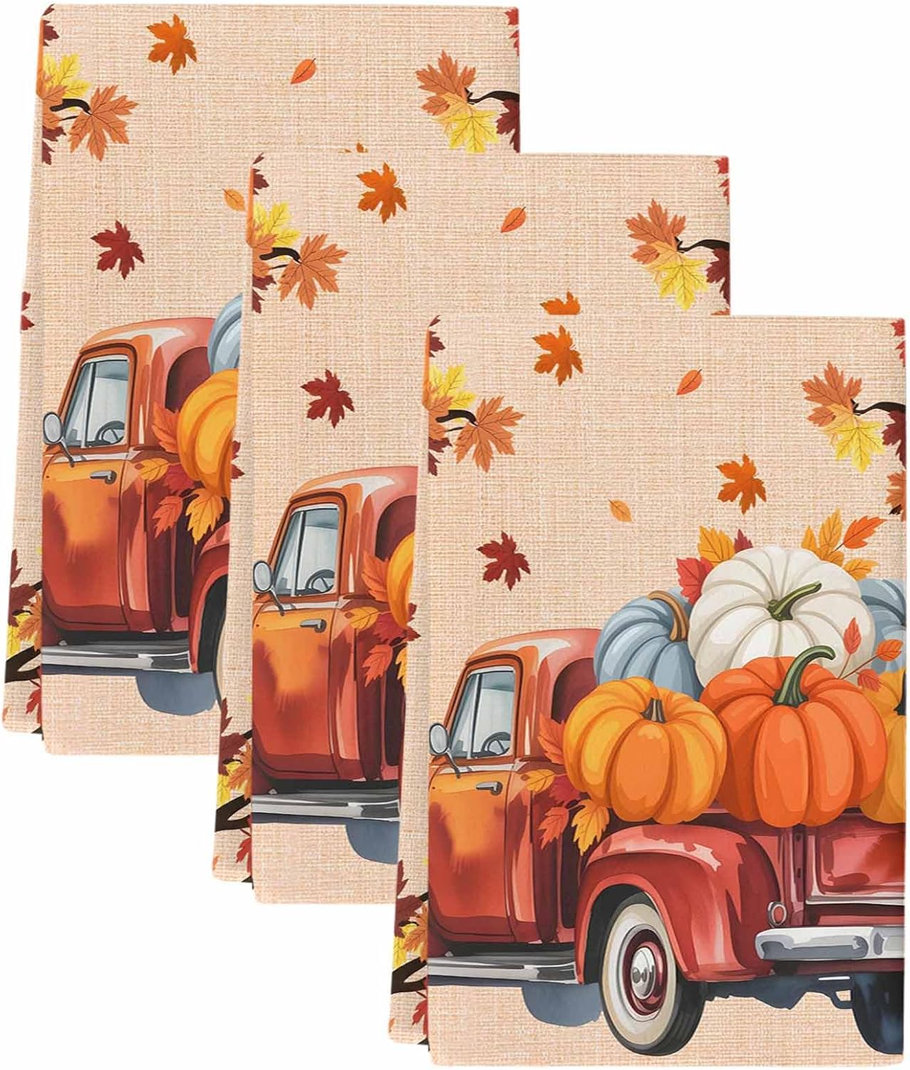 Fall Kitchen Towels Orange Pumpkin Thanksgiving Hand Dish Towels Absorbent Fast Drying Microfiber Tea Towel Maple Leaf Truck Autumn Decoration for Kitchen Bathroom Bar Set of 3