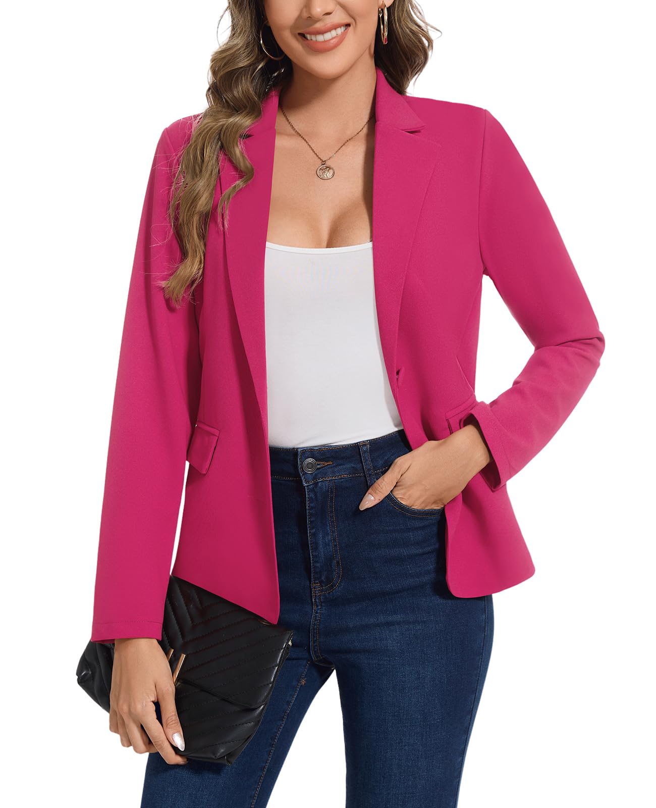 Blazers for Women Long Sleeve Notch Lapel Casual Work Office Blazer Open Front Button Pockets Suit Jackets