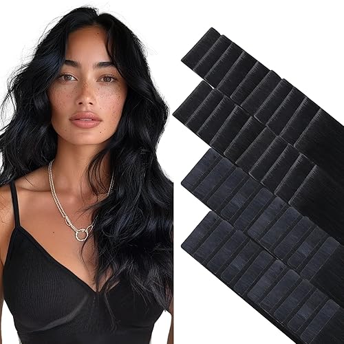 GOO GOO Invisi Edge Tape in Hair Extensions Human Hair, 1 Jet black 20pcs injected with 20pcs classical tape ins, 16inch 100g, Virgin Remy Hair, Natural Look - 16 Inch-100g-40pcs - Mix-#1 Jet Black