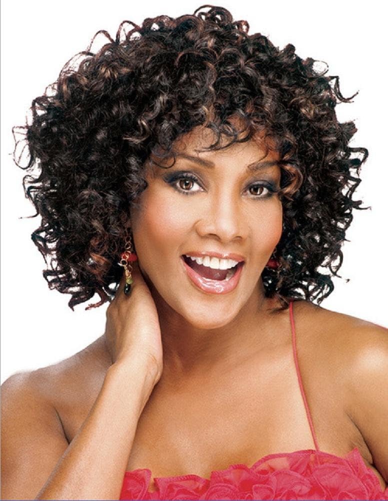 QQHair Black Brown Kinky Curly Wigs for African American Ombre Wave Natural Looking Heat Resistant Fiber Synthetic Hair With Cap Wigs