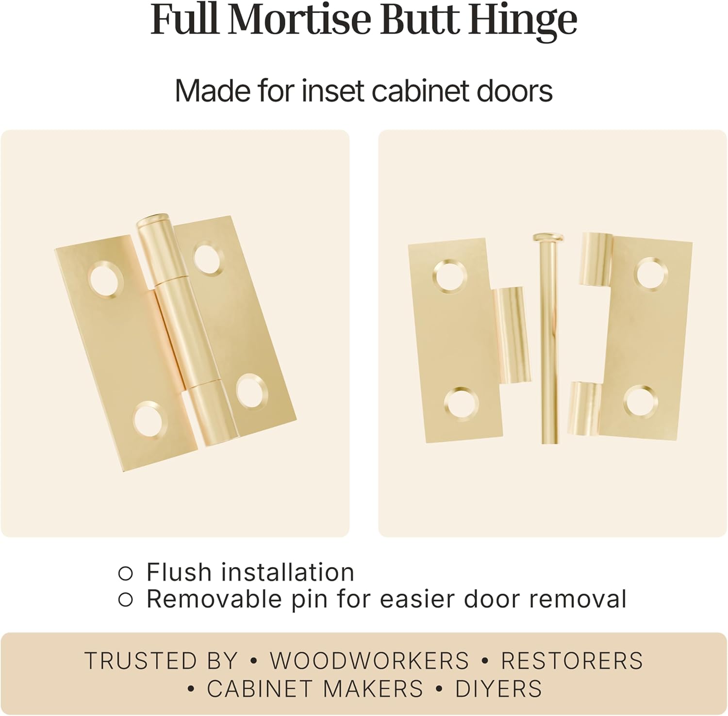 Brass Butt Hinges with Removable Pin - 1-1/2" x 1-1/2" - Pack of 2 - Cabinet Door Hinges - UA-266-HPB (1)