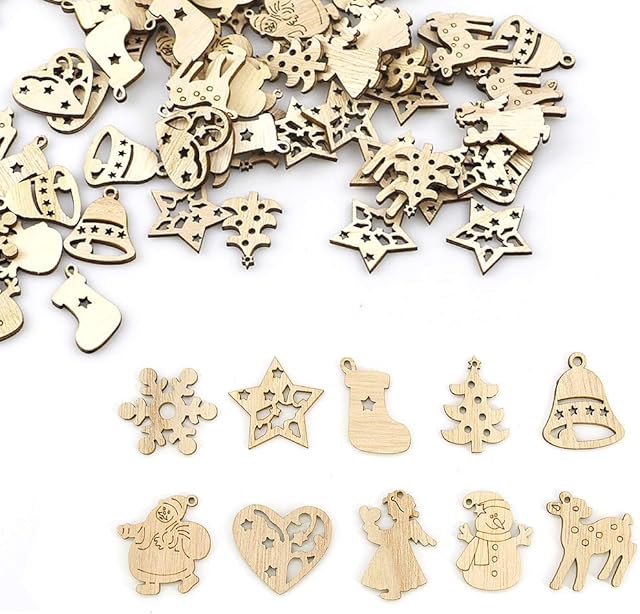 Skystuff 100Pcs Wooden Embellishments Wooden Christmas Decorations Christmas Wooden Craft for Tag Decoupage Embellishments, DIY Scrapbooking Card Making, Christmas Tree Hanging Ornaments