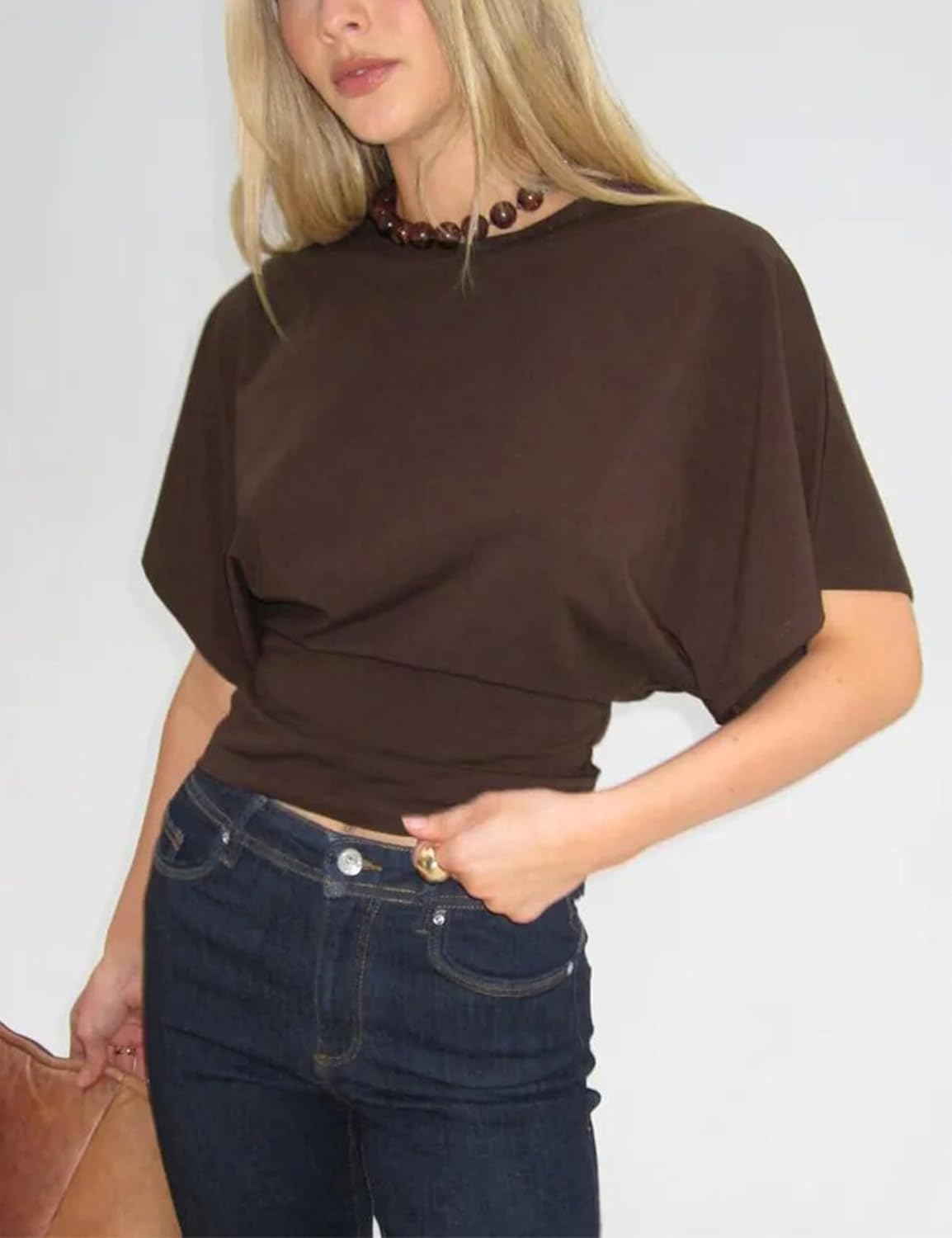 Lumister Shirts for Womens Crewneck Tighten Waist T-Shirt Casual Short Sleeve Workout Tops Solid Color Basic Tees - Image 3