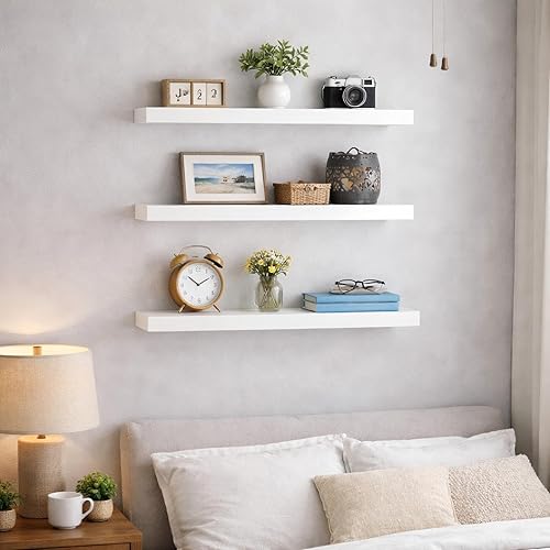 Miniatura 2 de BAYKA White Floating Shelves for Wall, 22.5 inches Wall Mounted Rustic Wood Shelves for Bathroom, Bedroom, Living Room, Floating Shelves for