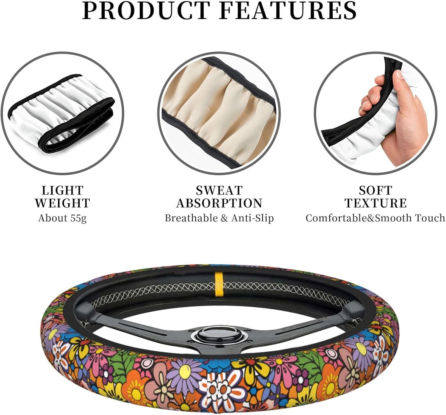 Hippie Flower Floral Retro Steering Wheel Cover For Women Men Girls Car Accessories Decor Anti-Slip Neoprene Auto Steering Wheel Covers Protector Universal 15 Inch - Image 6