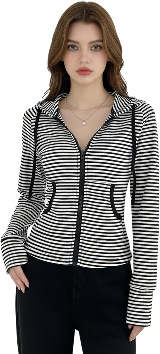 Women's Striped Zip Up Hoodie Drawstring Long Sleeve Fitted Vintage Hooded Jacket with Pockets