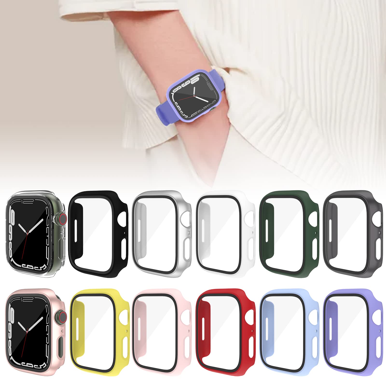 12 fundas para Apple Watch Series 9/8/7 de 45 mm, carcasa rígida de policarbonato con protector de pantalla de vidrio templado, protector de marco completo compatible con iWatch Series 9/8/7