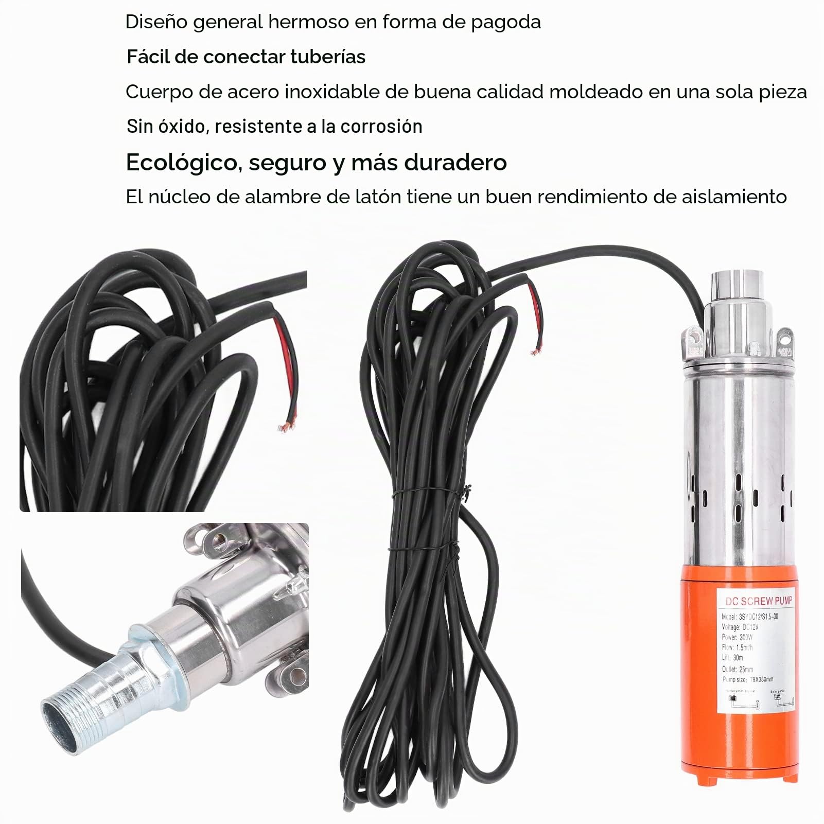 98.4ft High Lift 12/S1.5-30 Bomba De Pozo Solar, 12V 300W Bomba De Pozo Sumergible Solar DC, Bomba Sumergible Solar De Acero Inoxidable Bomba De Tornillo DC Para Jardín De Riego Agrícola