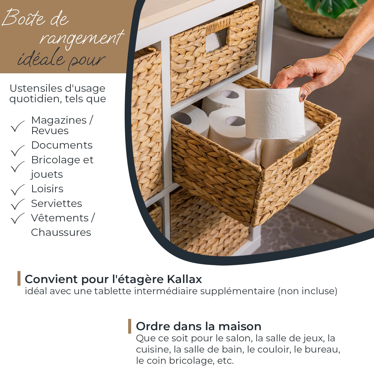 HMF panier de rangement compatible avec KALLAX demi‑compartiment, panier tressé en jacinthe d’eau avec poignées | Lot de 2 | 30 x 34 x 15 cm | Naturel
