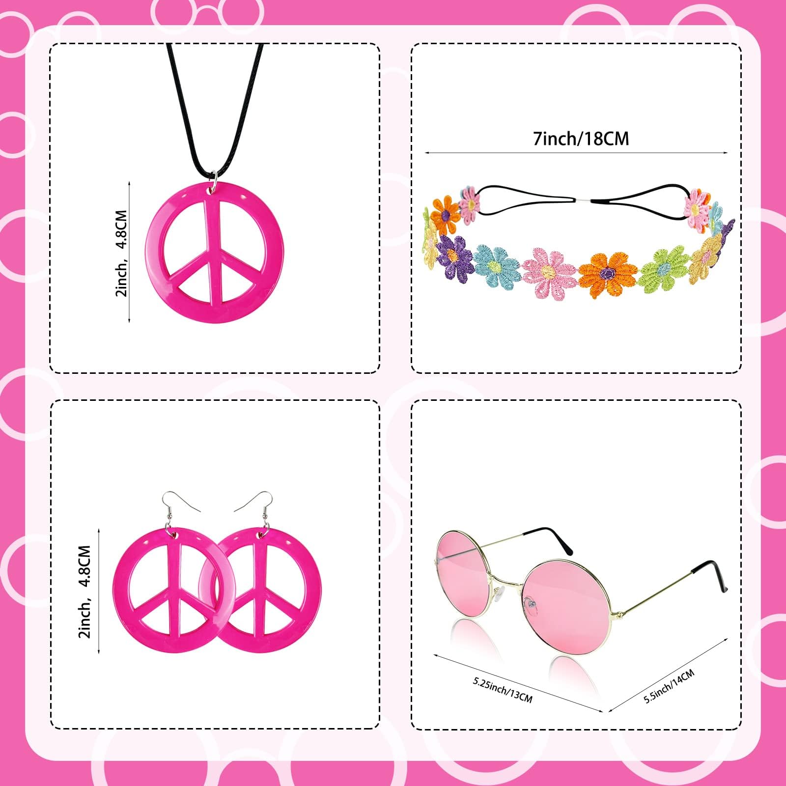 Hippie Kostüm Accessoires,4 Stück Hippie Accessoires,Hippie Kostüm Zubehör,Hippie Kostüm Set mit Sonnenbrille Friedenszeichen Halskette Ohrringe Stirnband,Hippie Schmuck für Party Fasching Karneval