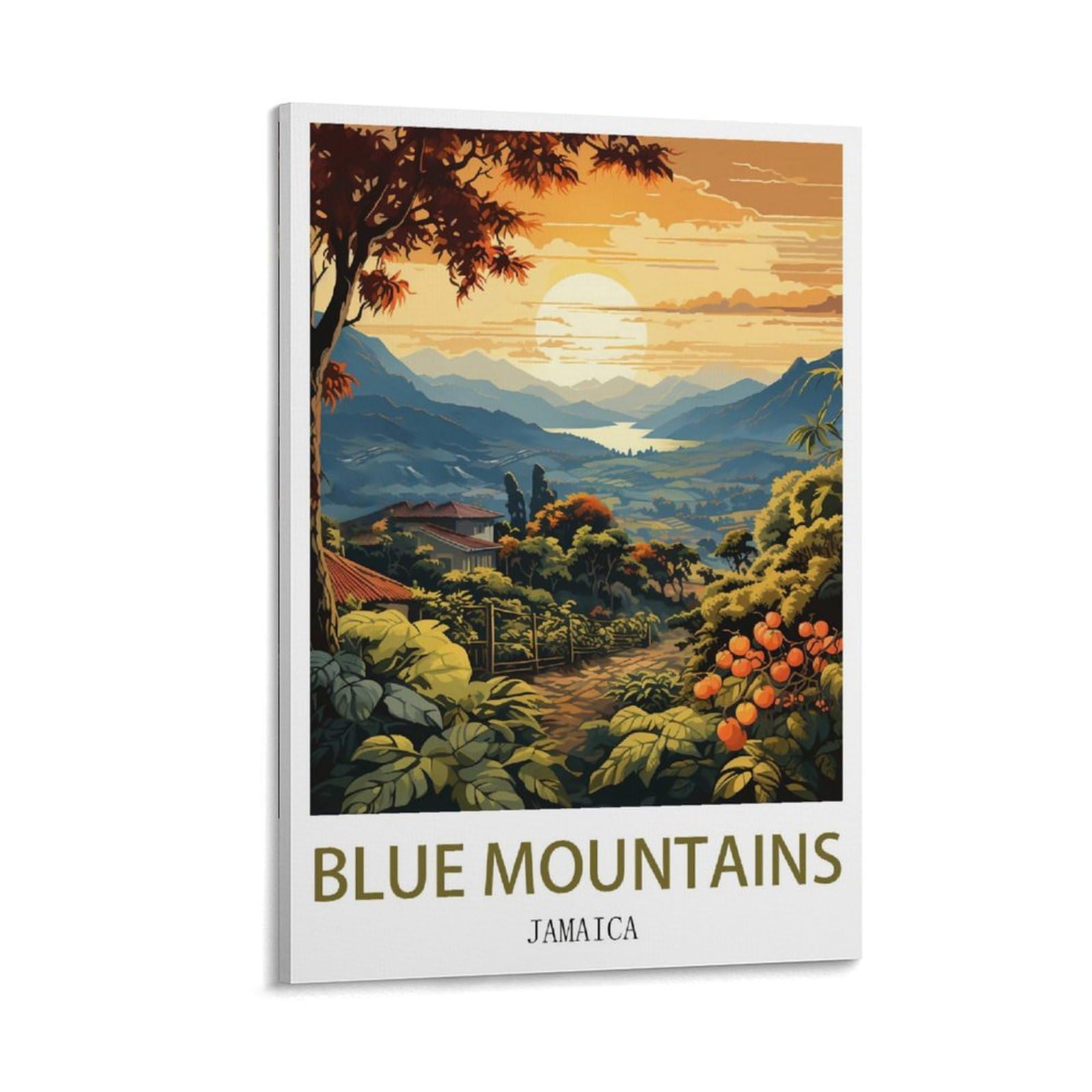 Lcynnh Frame-Style Blue Mountains Jamaica Vintage Travel Posters Sunset 12X18inch(30X45cm) Print Poster Home Bathroom Bedroom Office Living Room Decor Canvas Poster
