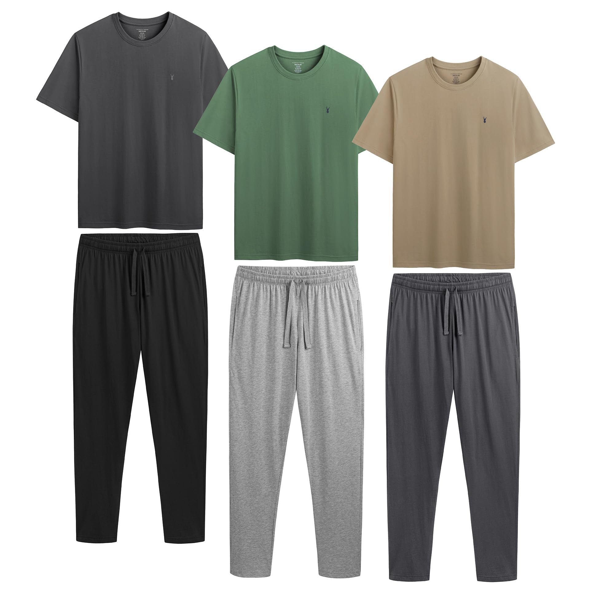 The Essentials Wardrobe Men's Khaki/Grey 3Pk Short Sleeved Long Pyjamas Set - Medium