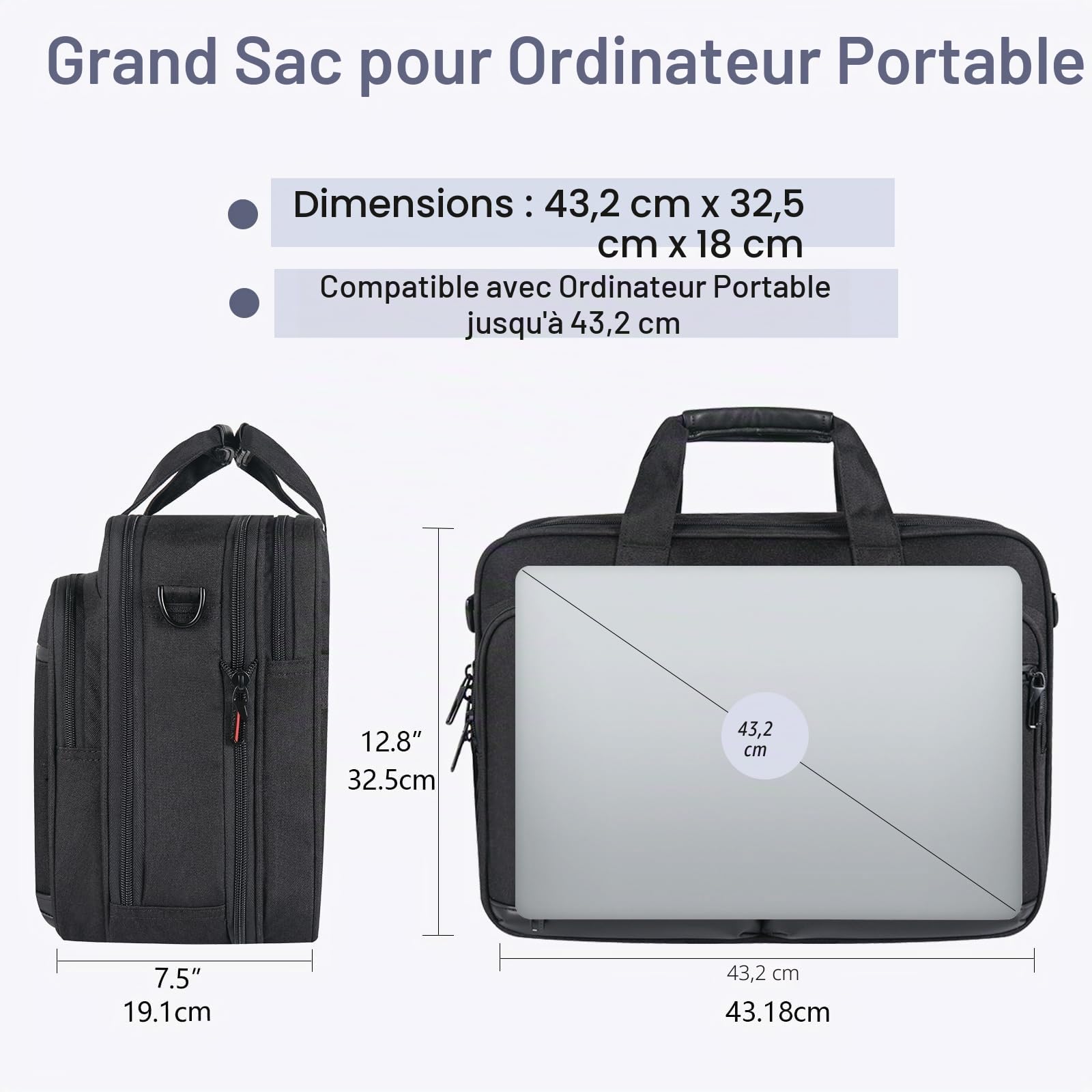 VANKEAN Porte-documents pour ordinateur portable 17.3 pouces hommes et femmes, sac à bandoulière de qualité supérieure, hydrofuge avec poche RFID, sac messager extensible