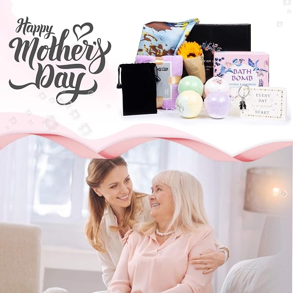 Best Mother's Day Gift For Mom Gift Basket For Mom Wife Women Relax Gift Set For Mom & Wife,Including:Bath Bomb,Purple Towel,Keychain,Sunflower Soap Flower,Black Garland Hard Packing Box,Etc