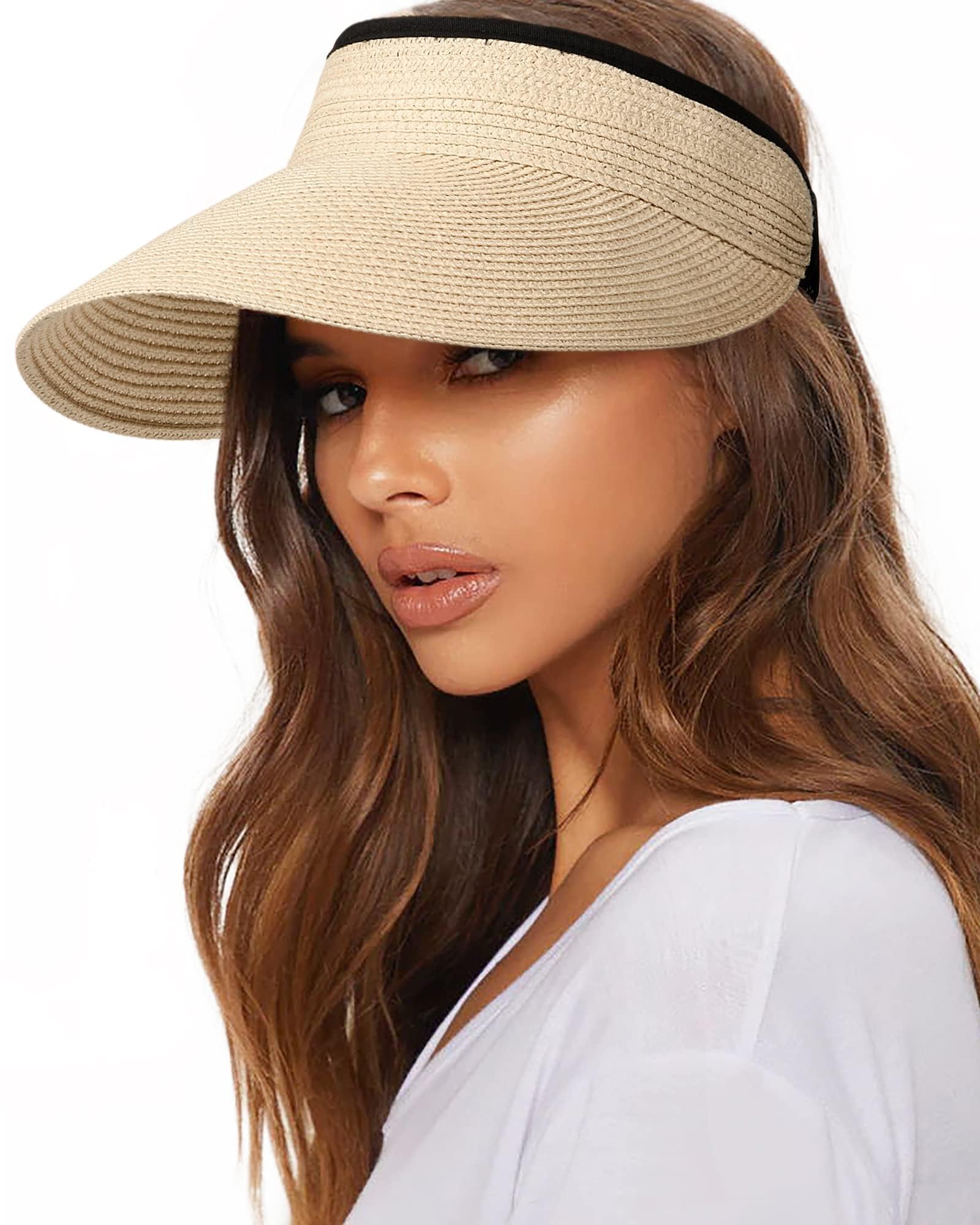 FURTALKSun Straw Visor for Women Summer Packable Ponytail Beach UPF 80+ Sun Hats for Travel
