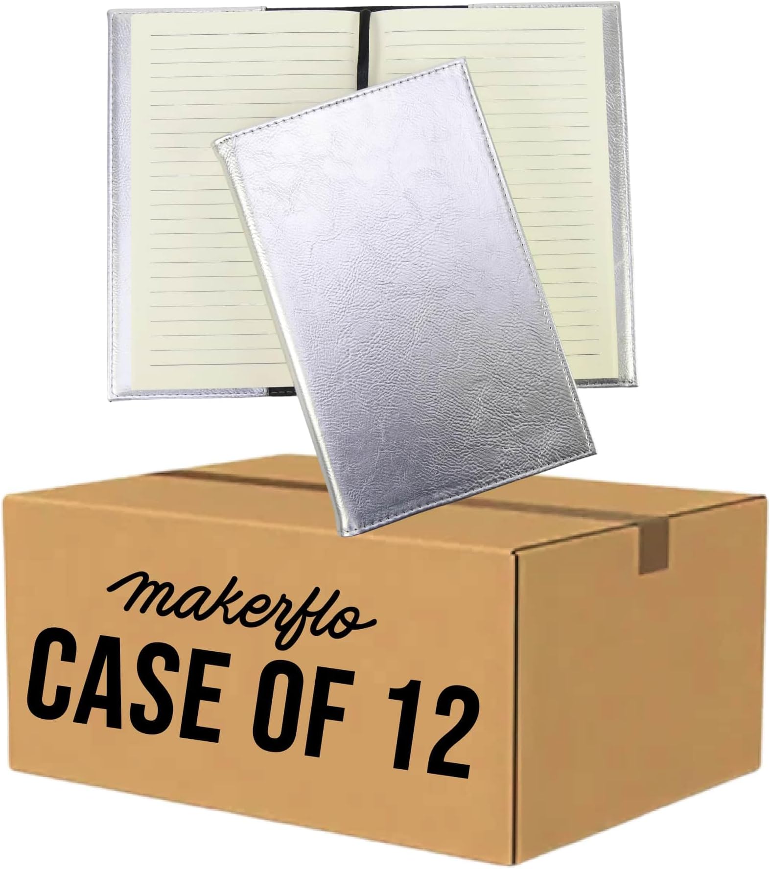 - makerflo Laserette Journal Notebook 8.75″ x 5.5″ – Engravable Vegan Leather Refillable Journal with Lined Pages, Dual-Layer Laser Engraving, Customizable Gift Box (Metallic Silver, Case of 12)