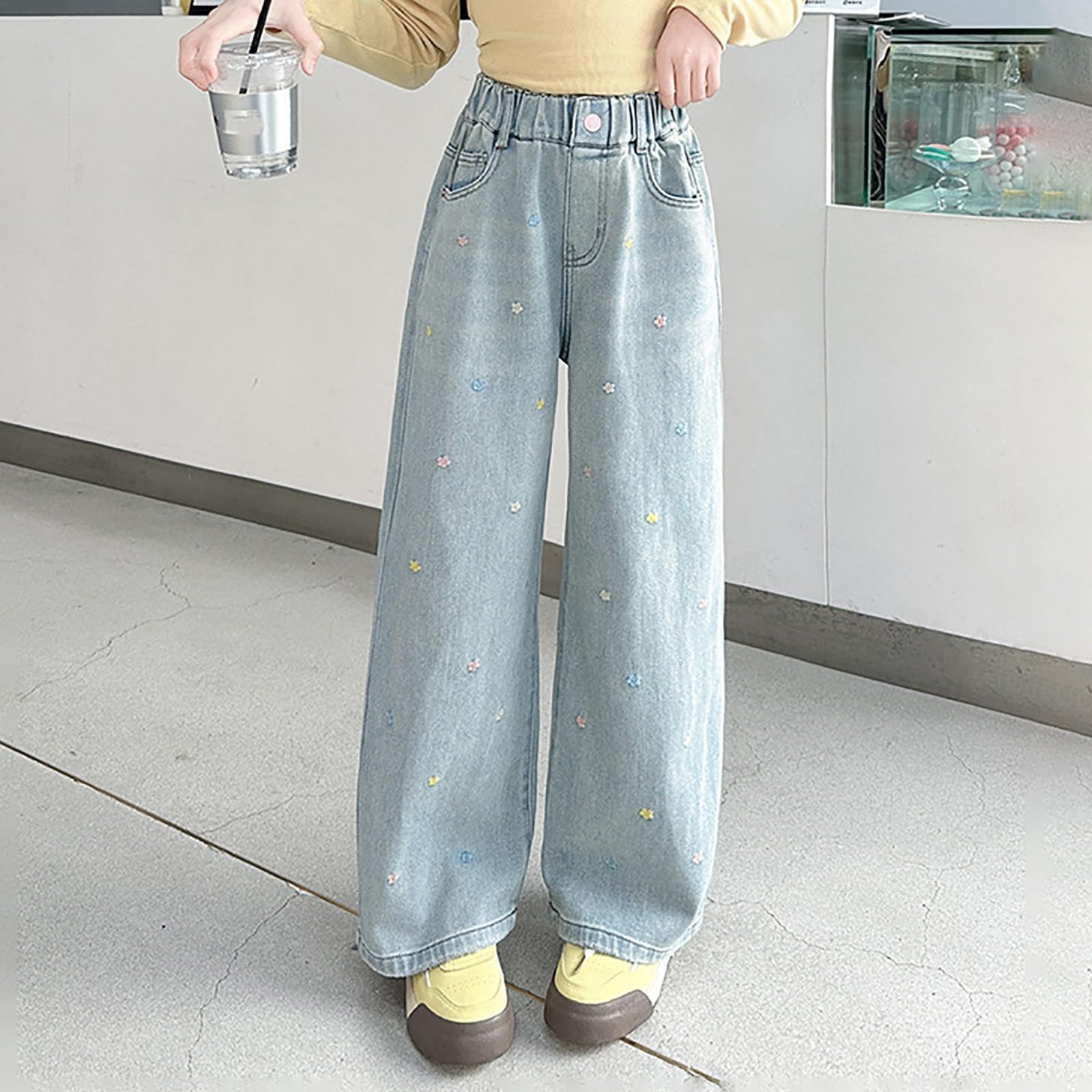 Pantalon de jogging baggy pour garçons et filles - Jean vieilli - Taille élastique - Baggy Denim - Pantalon large