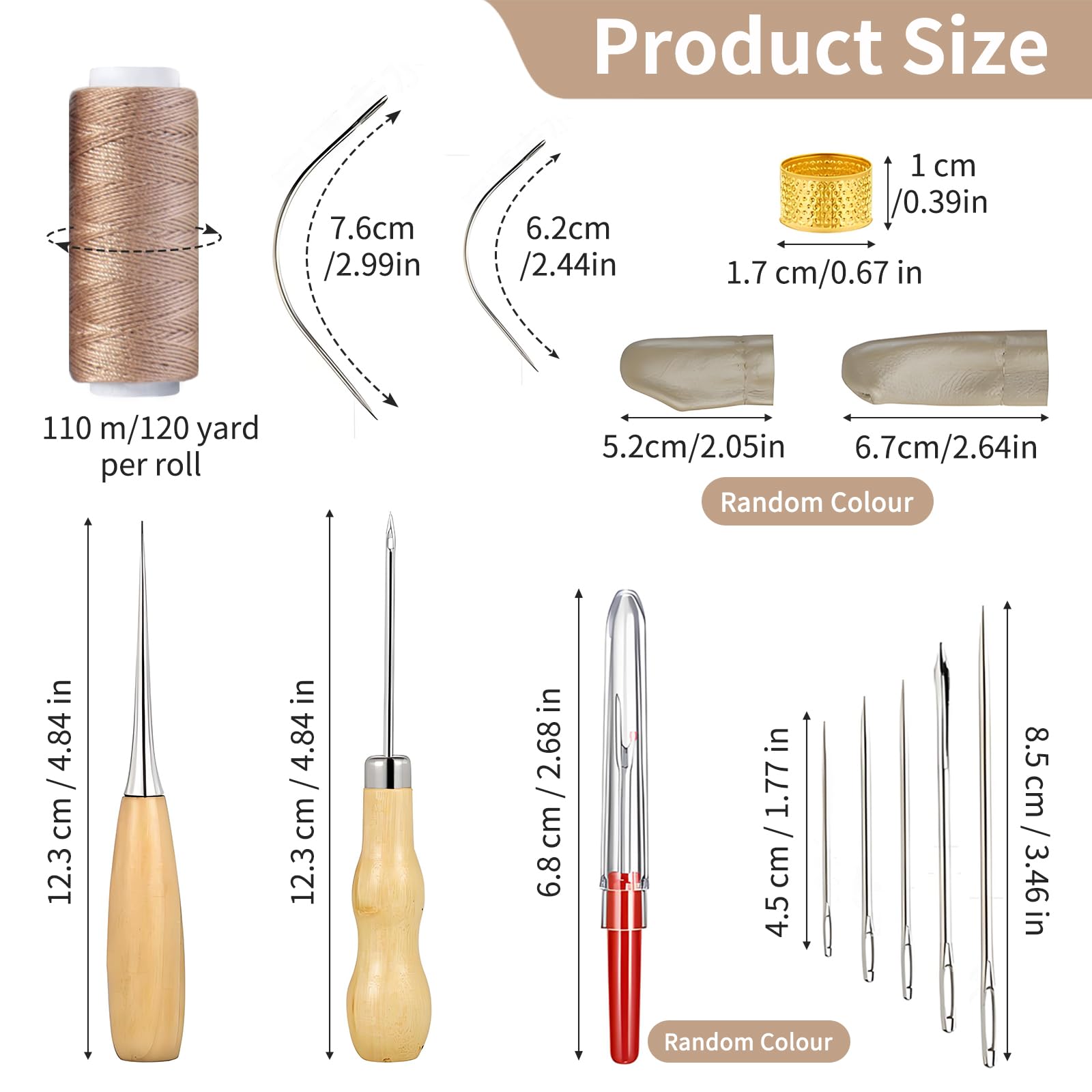 Kit Cucito Pelle - 3 Rotoli Filo Di Cera, 7 Aghi, 2 Ditali Per Riparare Scarpe E Accessori (Nero/Marrone/Kaki) - Foto 3