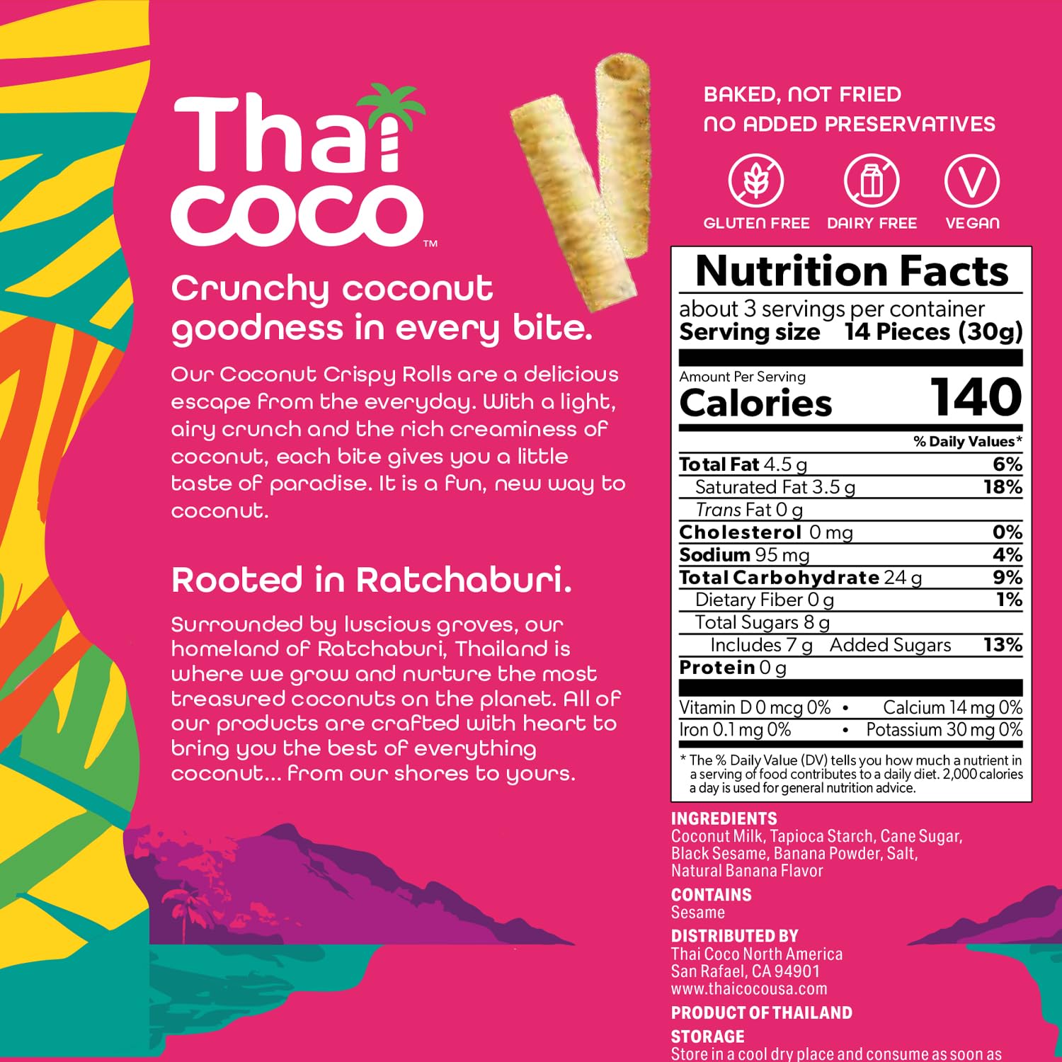 Thai Coco Banana Crispy Coconut Rolls 8 Bag (3.5 oz each) - Organic Tropical Snack, Vegan, Gluten-Free, Dairy-Free, Non-GMO, Light Fluffy Healthy Snack