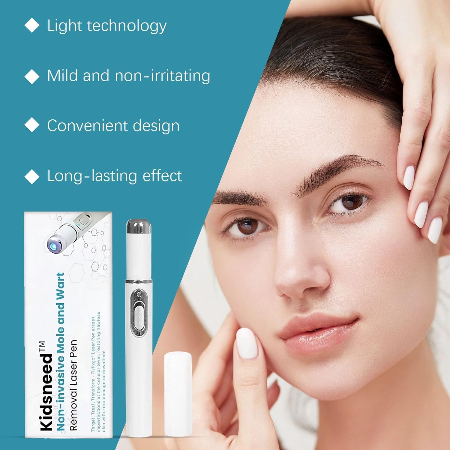 KIDSNEED Laser Pen highlighting features: Light technology, Mild and non-irritating, Convenient design, Long-lasting effect