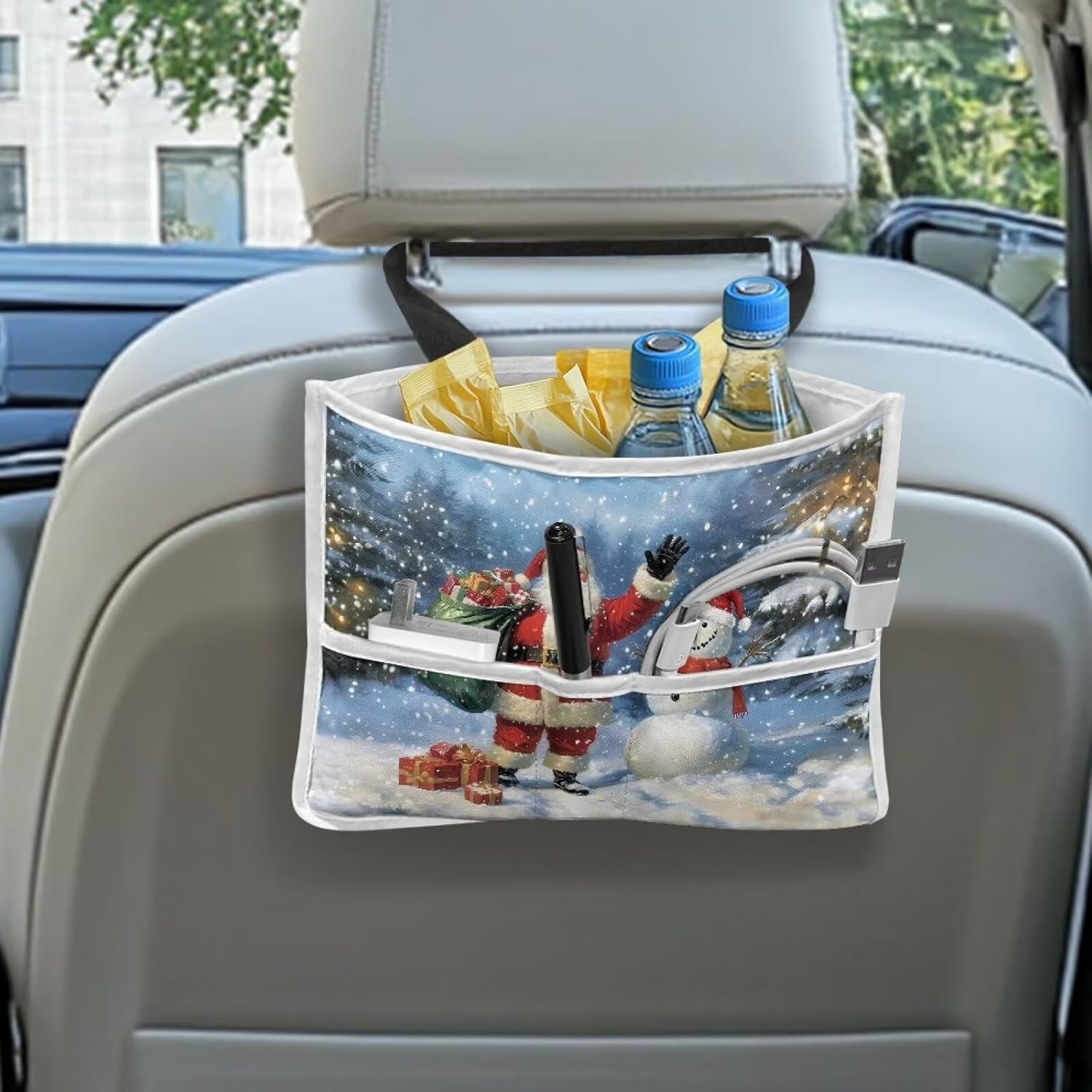 Santa Claus Car Gear Button Storage Bags Car Storage Organizer With Storage Pockets Portable Car Accessories for Most Cars