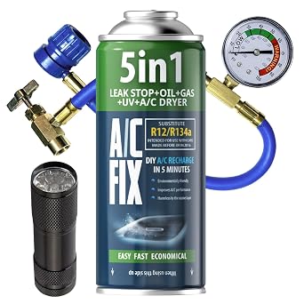 AC FIX 5-in-1   R134a + Hose + Flashlight, 235g Refrigerant for Car Air Conditioning with Oil, Sealant, UV Dye, Desiccant   Quick Application   Protects the Compressor