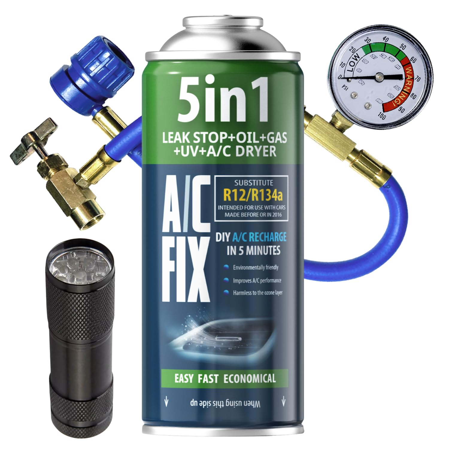 AC FIX 5-in-1 – R134a + Tubo flessibile + torcia elettrica, 235 g Refrigerante per climatizzatori auto con olio, sigillante, colorante UV, essiccante – Protegge il compressore
