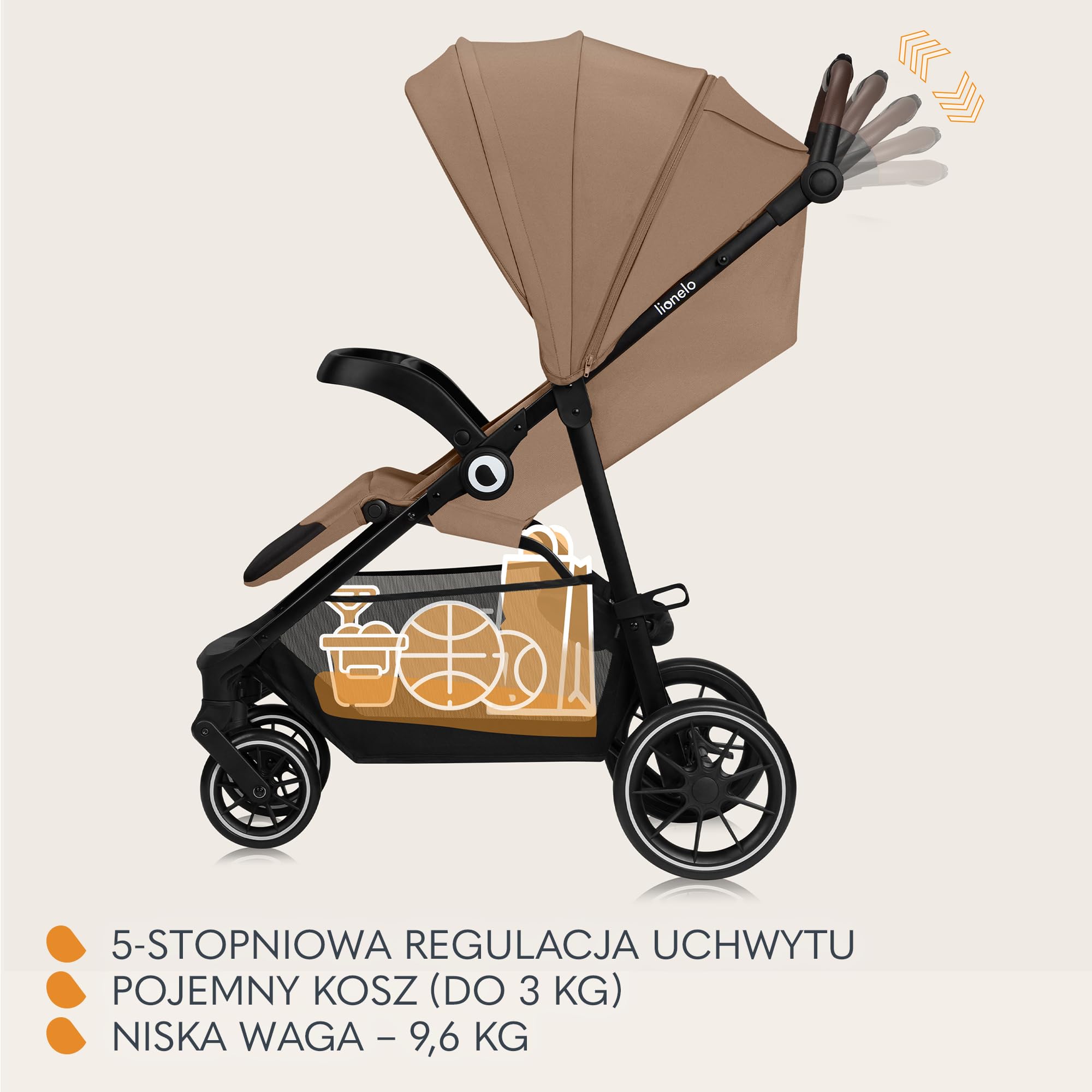 LIONELO EMMA ONE Spacerowy Wózek Dziecięcy do 22 kg od 6 m do 4 lat Obrotowe Koła 360° Pełna Amortyzacja Składany Jedną Ręką Regulacja Oparcia i Podnóżka Daszek XXL UPF50+ | Obrotowe kółka o 360°, pełne zawieszenie, składane jedną ręką, regulowane oparcie