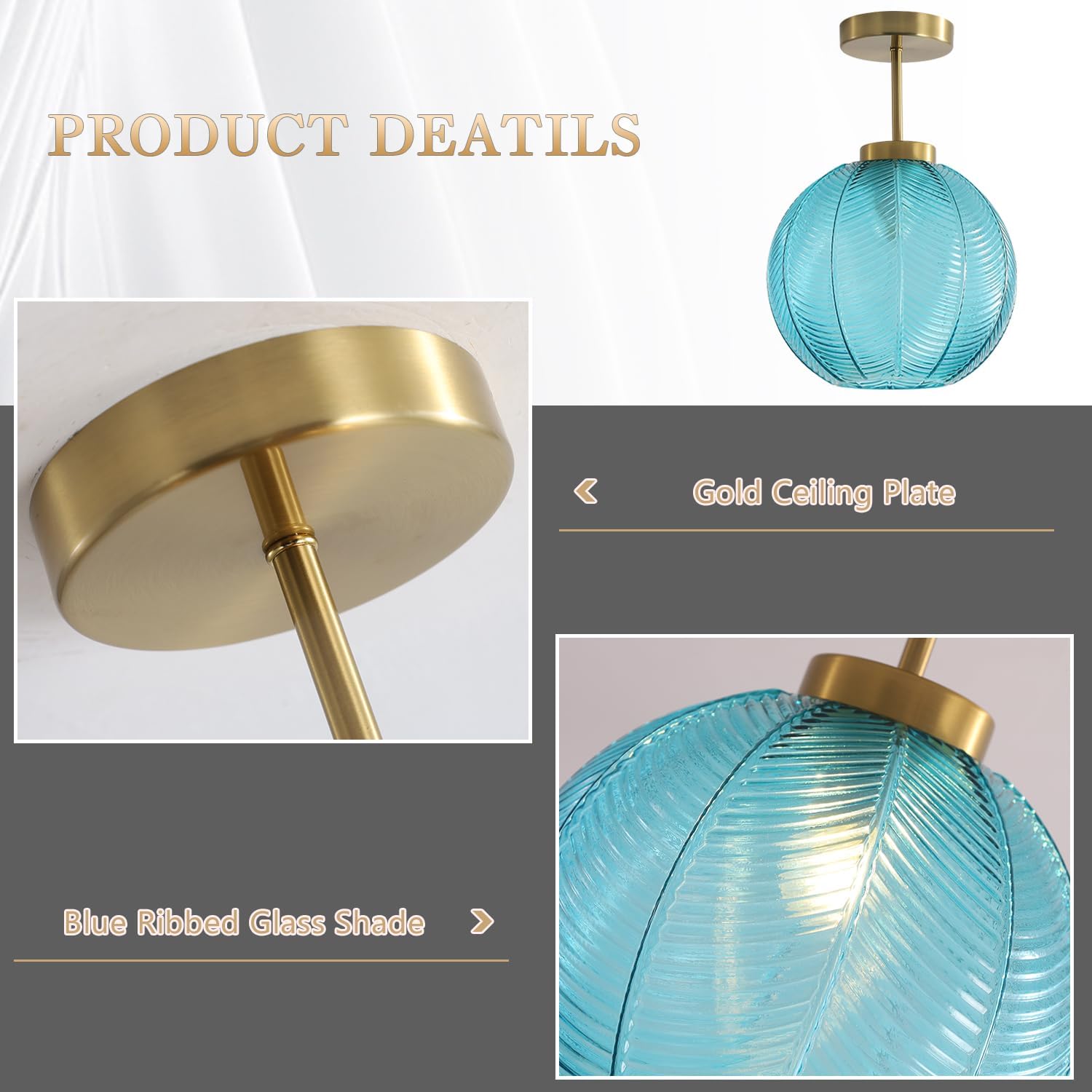 KCO Lighting Large Blue Flush Mount Ceiling Light Vintage Ribbed Glass Ceiling Lights Fixtures Brushed Gold Semi Flush Mount Ceiling Lamp Industrial Porch Ceiling Light Fixture